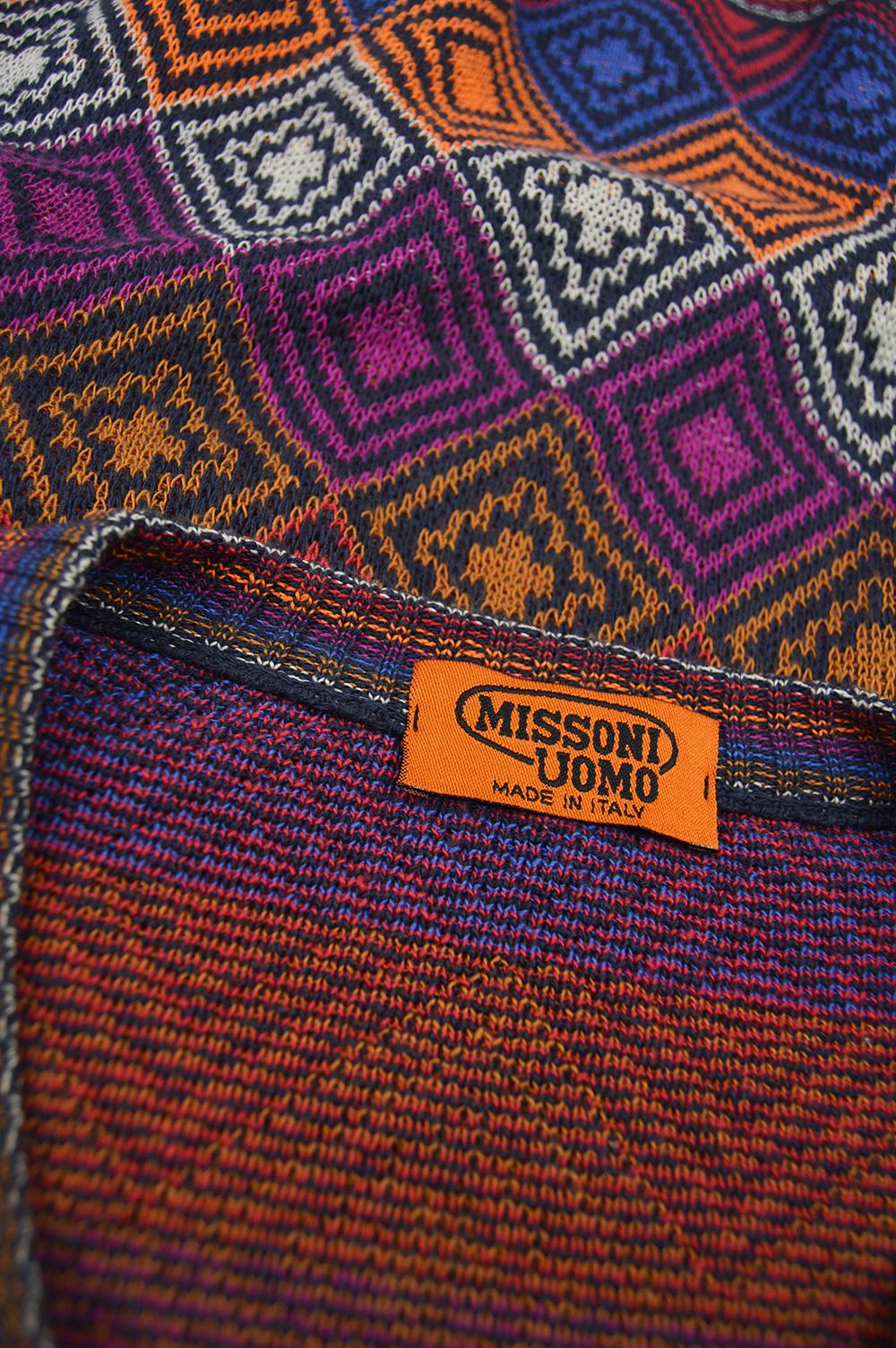 Missoni Men's Vintage Multicolored Diamond Pattern Cotton Knit V Neck Sweater For Sale 1