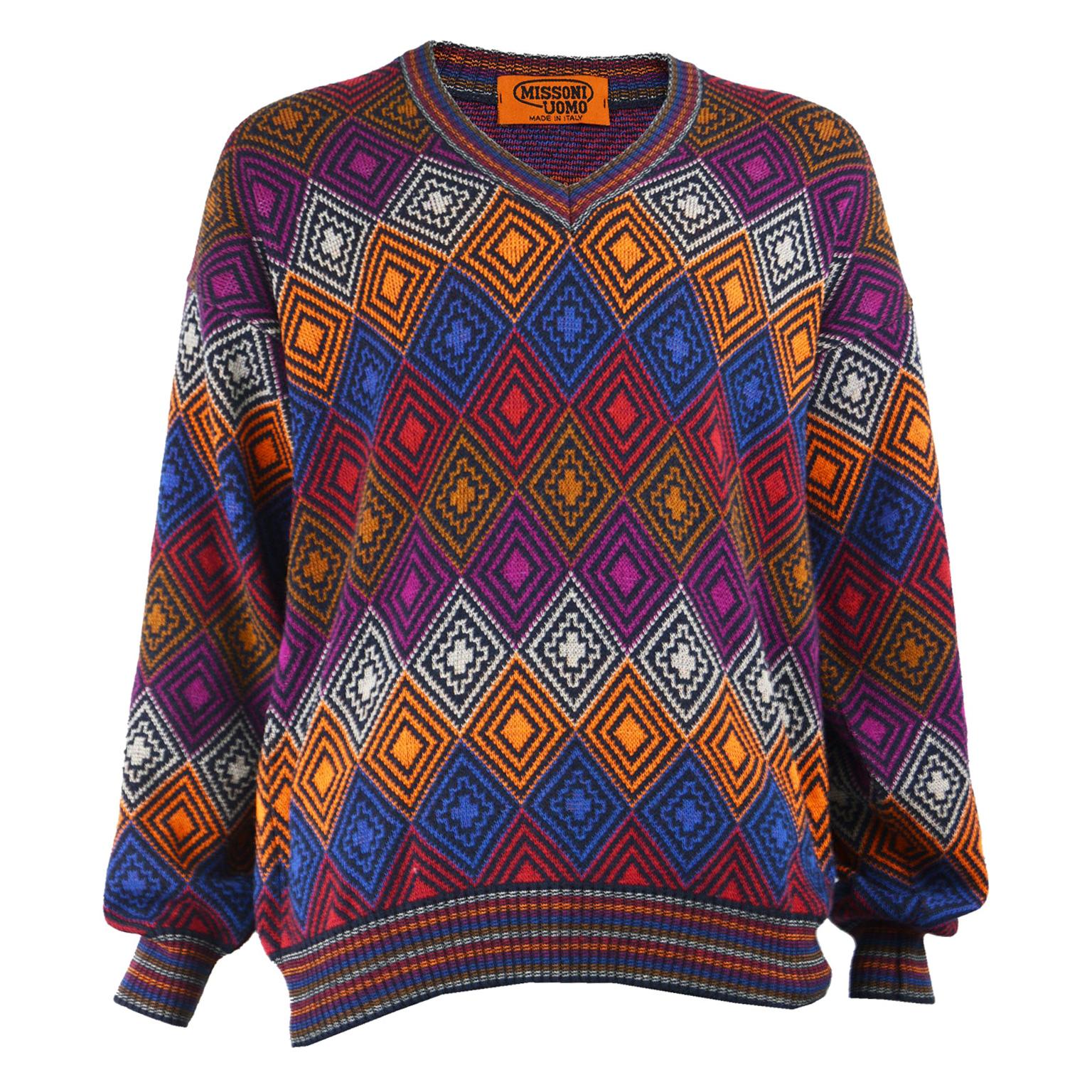 Missoni Men's Vintage Multicolored Diamond Pattern Cotton Knit V Neck Sweater For Sale