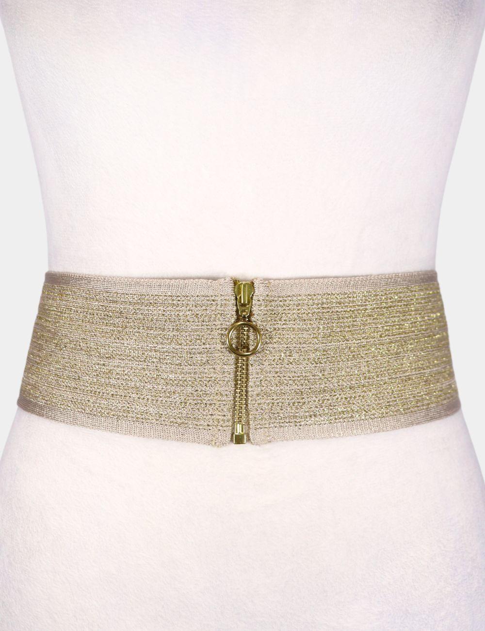 Add a touch of Italian glam to your look with this Missoni metallic gold stretch belt. Crafted with the brand’s signature knit fabric, this wide waist belt features subtle shimmer and a central zip closure with a circular pull ring for a modern