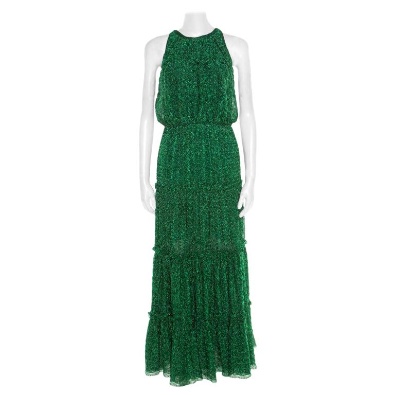 Missoni Metallic Green Knit Neck Tie Detail Tiered Maxi Dress and Fringed  Wrap S For Sale at 1stDibs | missoni green dress, green missoni dress