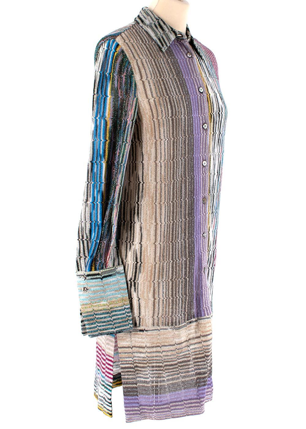 Missoni metallic knit button down shirt dress

-multicoloured metallic knit striped
- Elongated cuffs with buttons
- Made in Italy

Measurements are taken laying flat, seam to seam. 
Length from highest point of neck to hem (not including collar) :