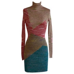 Missoni Metallic Pink Blue Gold Geometric Knit Dress Turtleneck Long Sleeves