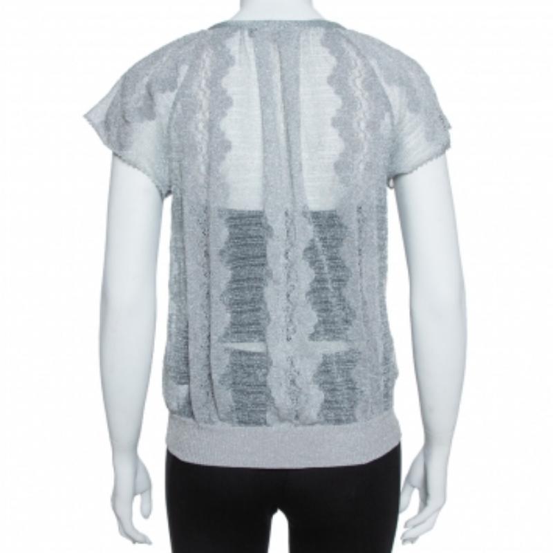Missoni Metallic Silver Jacquard Knit Raglan Sleeve Top S In Good Condition For Sale In Dubai, Al Qouz 2