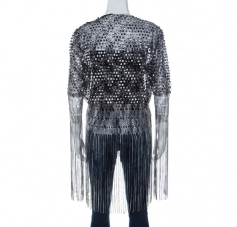 Nero Missoni Monochrome Crochet Knit Lace Trim Fringed Cardigan L in vendita