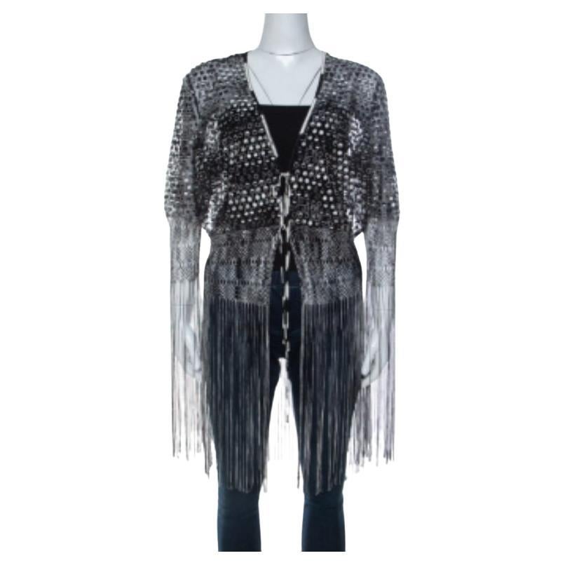 Missoni Monochrome Crochet Knit Lace Trim Fringed Cardigan L in vendita
