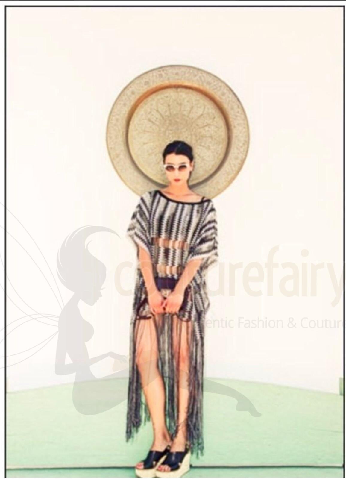 Women's NEW Missoni Monochrome Signature Fringed Crochet Knit Dress Kaftan Gown Cover Up