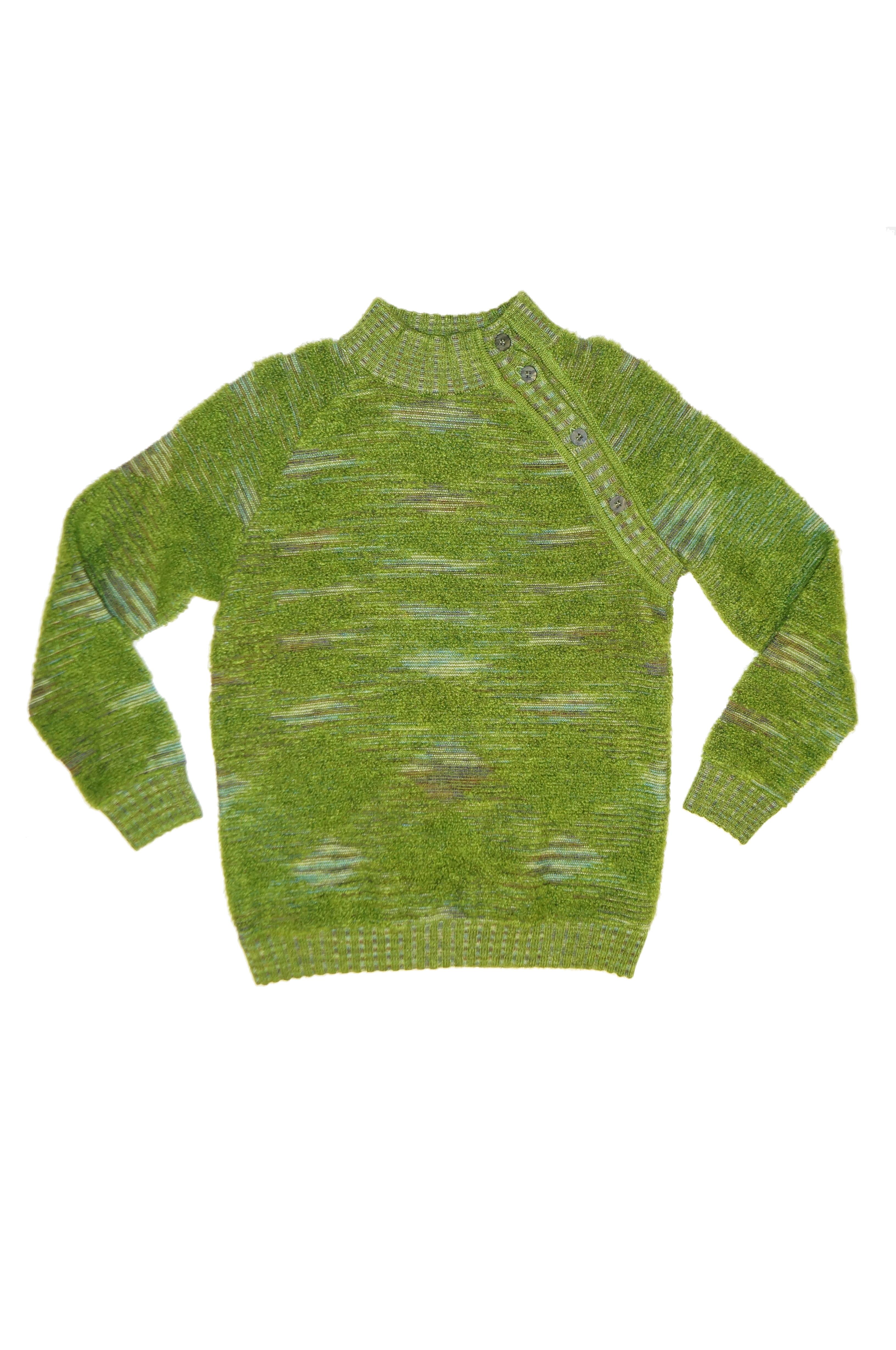 Fabulous wool - mohair blend for a supple texture with deliberate stripes of soft mohair interlaced with variegated lines of space dyed knit. The sweater is hip - length, with long sleeves, and a high faux - turtleneck collar. The sweater features a
