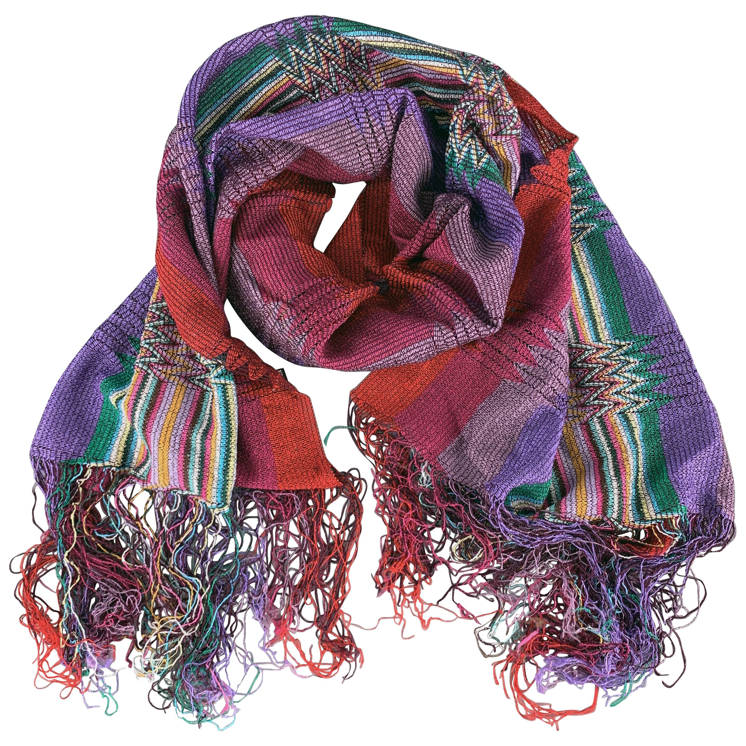 MISSONI Multi-Color Striped Viscose Pleated Knit Fringe Scarf