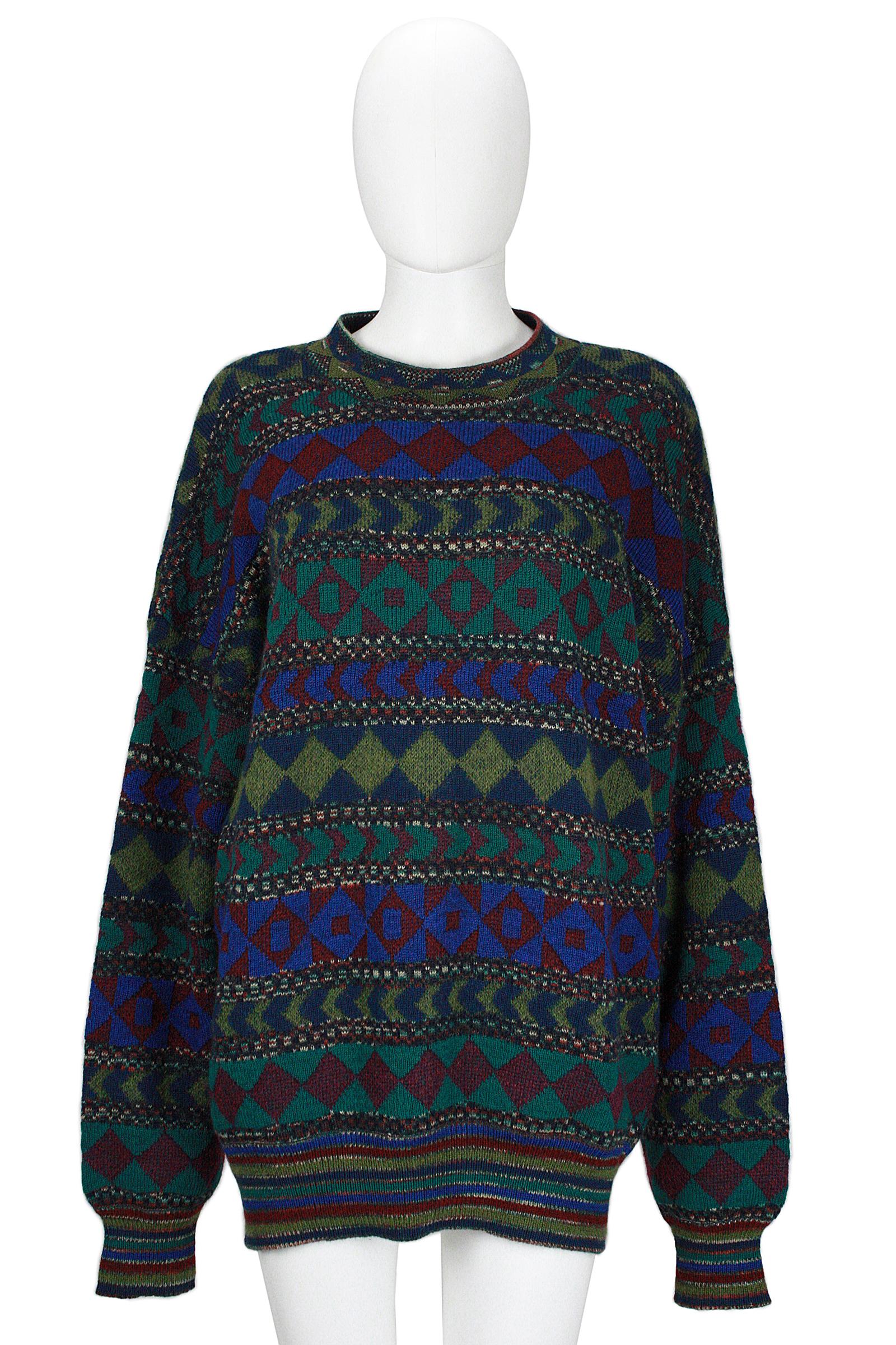Missoni 
Knit sweater 
Knit stripe trim 
Crew neck 
Soft weave that stretches 
Wool blend
Abstract pattern