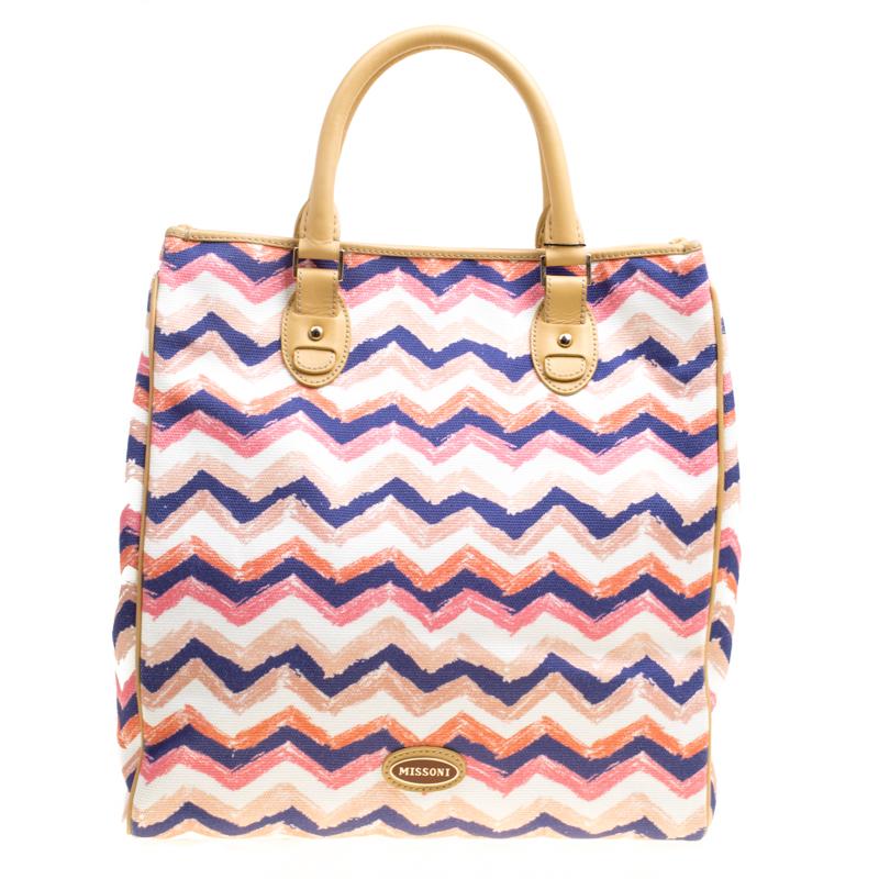 Missoni Multicolor/Beige Printed Canvas and Leather Tote
