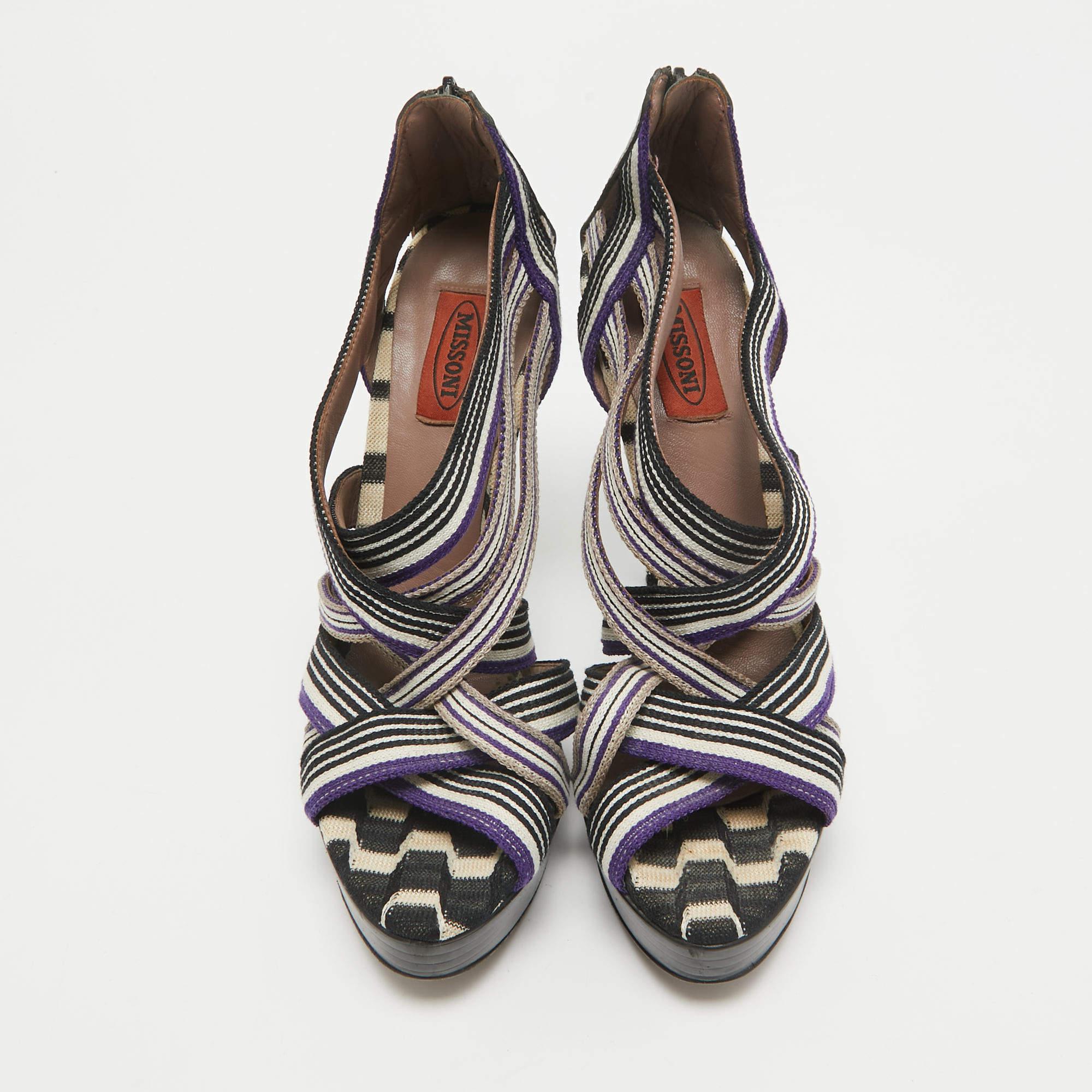 Noir Missoni - Sandales à lanières à la cheville en toile et cuir multicolore, taille 40 en vente