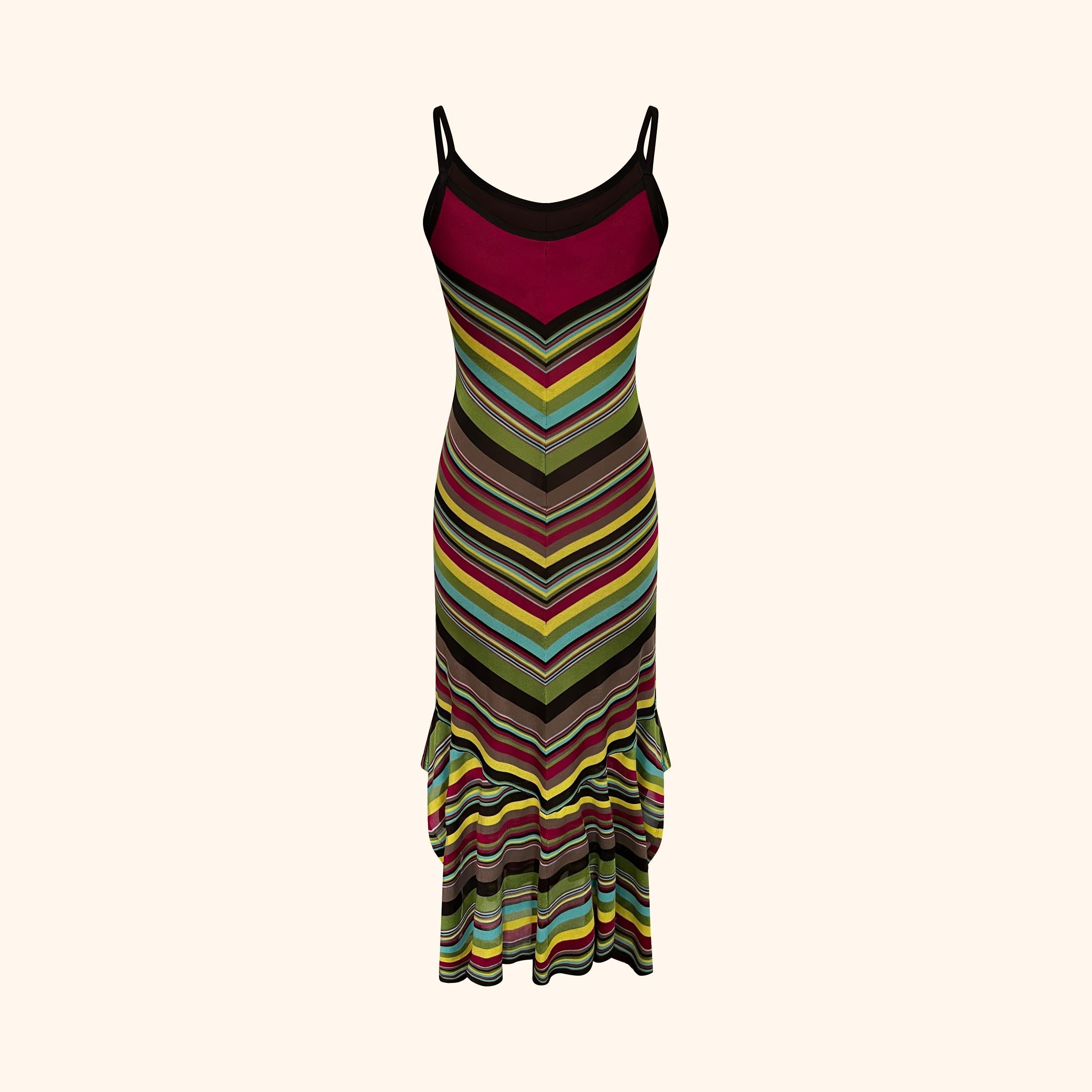 Il présente les rayures à chevrons multicolores emblématiques de Missoni dans des tons éclatants.
Conçue pour une silhouette ajustée, elle tombe sur un ourlet légèrement évasé et se termine par de fines bretelles et des bordures noires