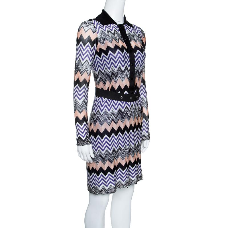 Black Missoni Multicolor Chevron Pattern Knit Belted Dress S