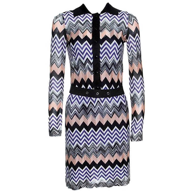 Missoni Multicolor Chevron Pattern Knit Belted Dress S