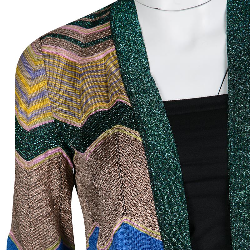 Women's Missoni Multicolor Chevron Pattern Lurex Knit Open Front Cardigan S