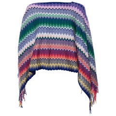 Missoni Multicolor Chevron Patterned Knit Fringe Detail Poncho (One Size)