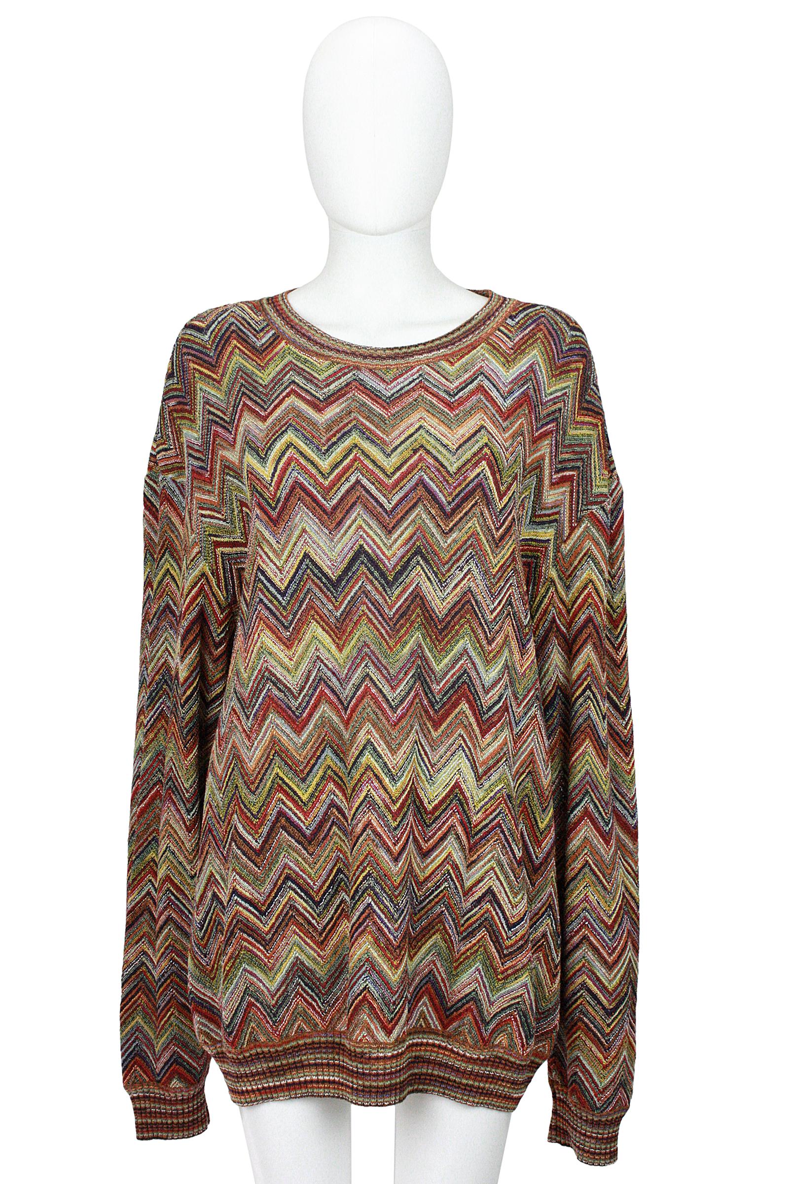 Missoni 
Knit sweater 
Knit stripe trim 
Crew neck 
Light weave that stretches 
Rayon blend
Multicolor zigzag pattern