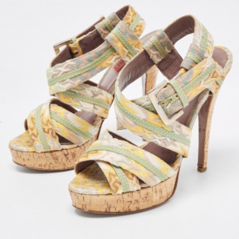 Beige Missoni Sandali con cinturino alla caviglia in pelle e uncinetto multicolore misura 37,5