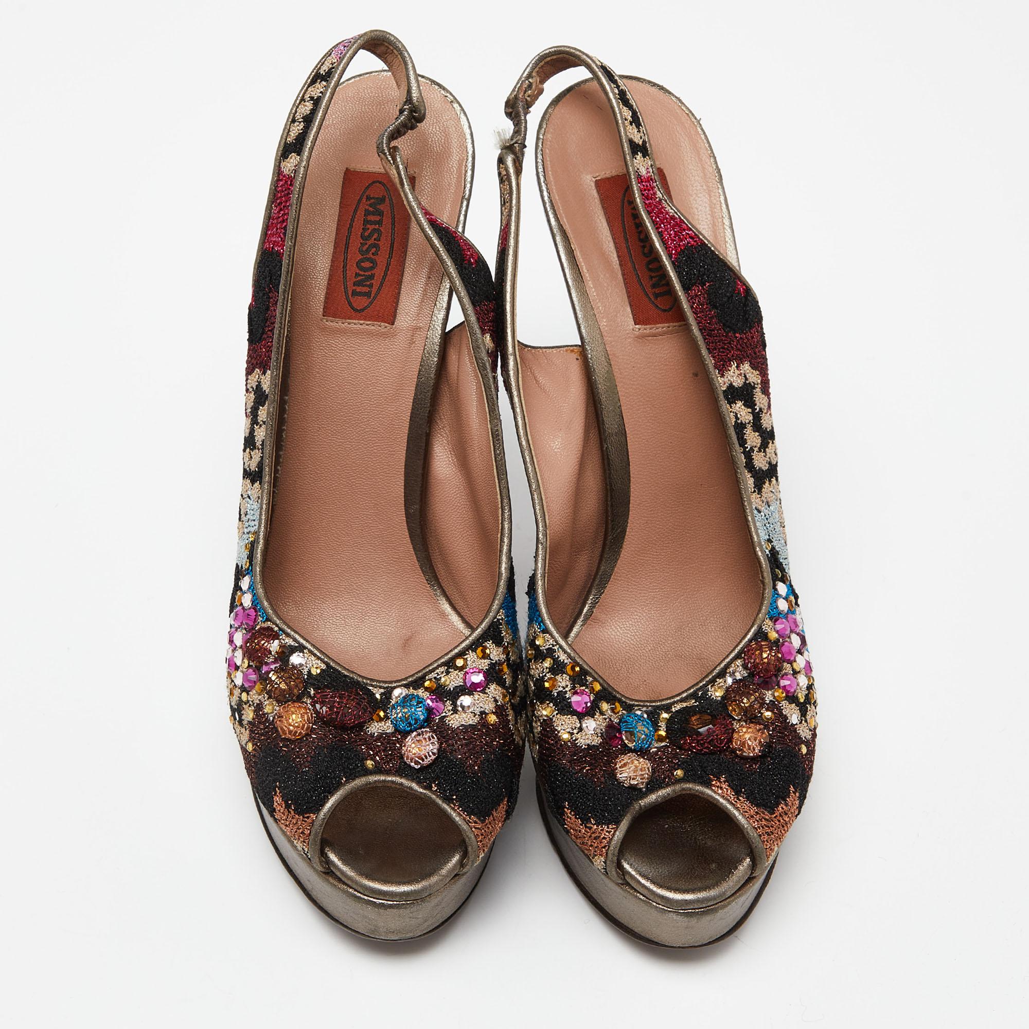 Brown Missoni Multicolor Fabric Embellished Slingabck Pumps Size 40 For Sale