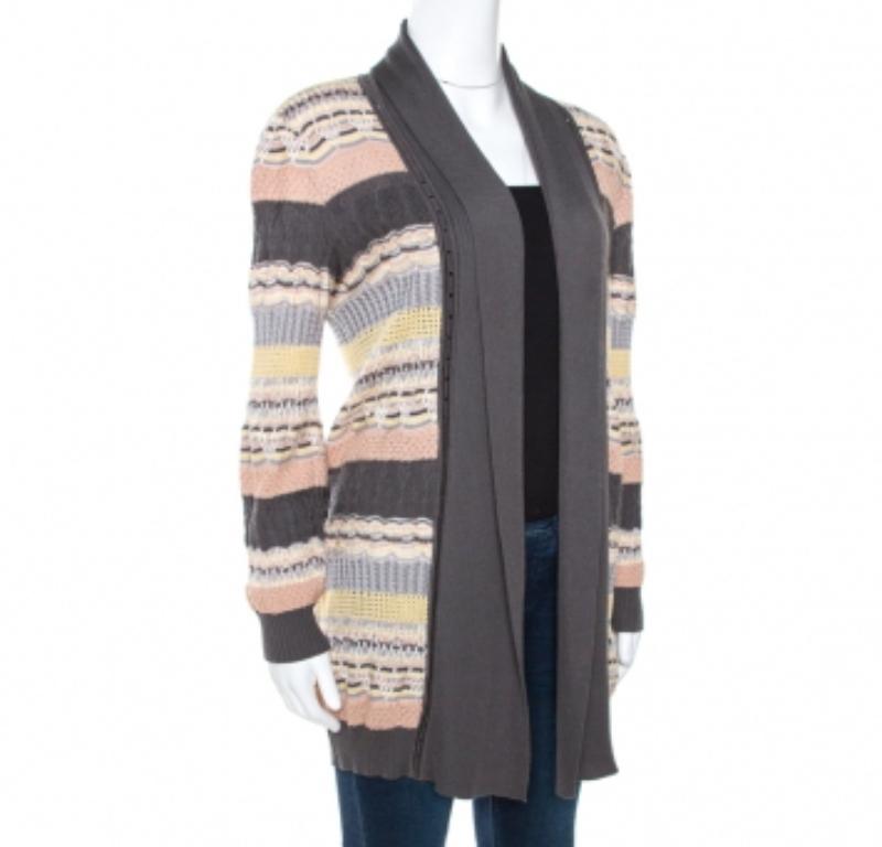 This cardigan from Missoni is so stylish, you'll find reasons to wear it! The multicoloured cardigan is made of a blend of fabrics and features a relaxed silhouette. It flaunts jacquard work, long sleeves and an open front. Grab it right away!
