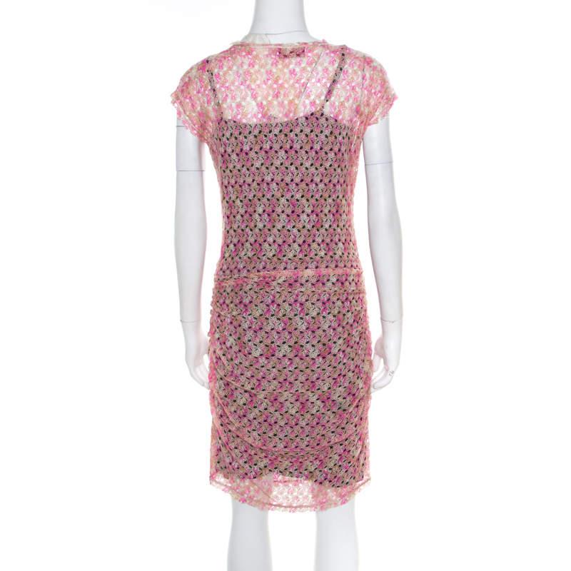 Missoni Multicolor Perforated Knit Ruched Sleeveless Dress M In Good Condition For Sale In Dubai, Al Qouz 2