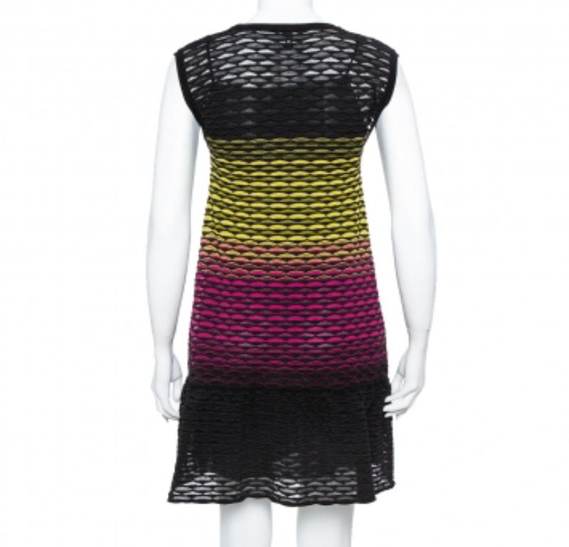 Black Missoni Multicolor Perforated Knit Ruffle Detail Shift Dress S For Sale