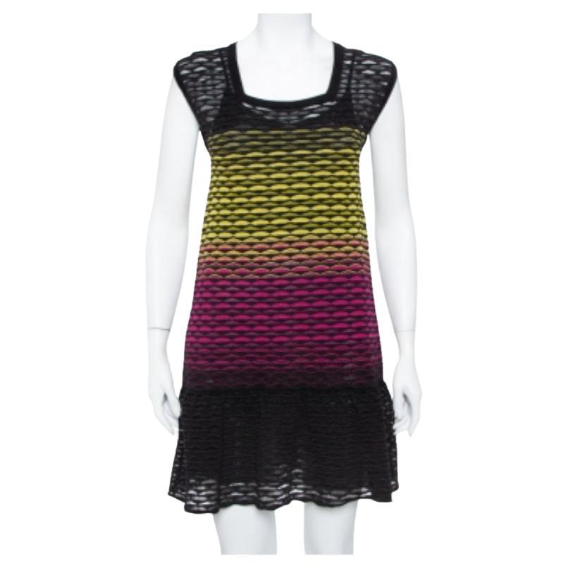 Missoni Multicolor Perforated Knit Ruffle Detail Shift Dress S For Sale