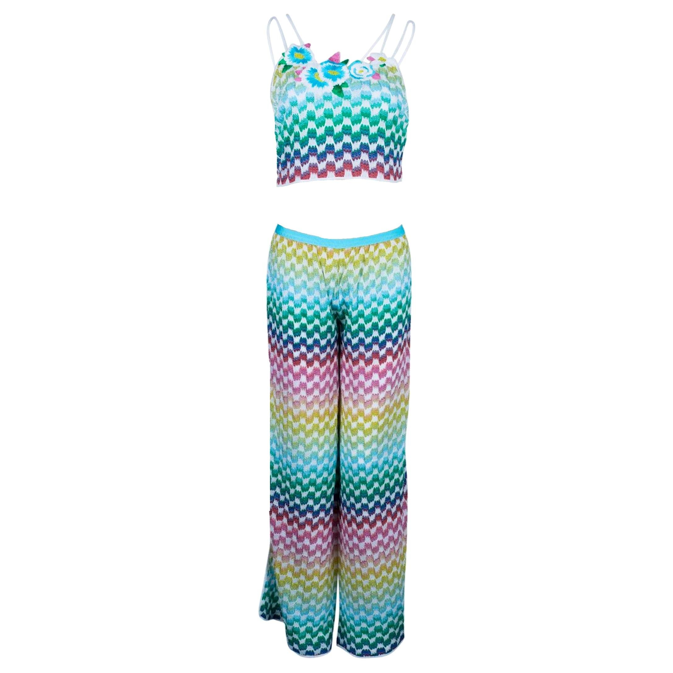 UNWORN Missoni Rainbow Metallic Crochet Knit Pants Crop Top Ensemble Set 42