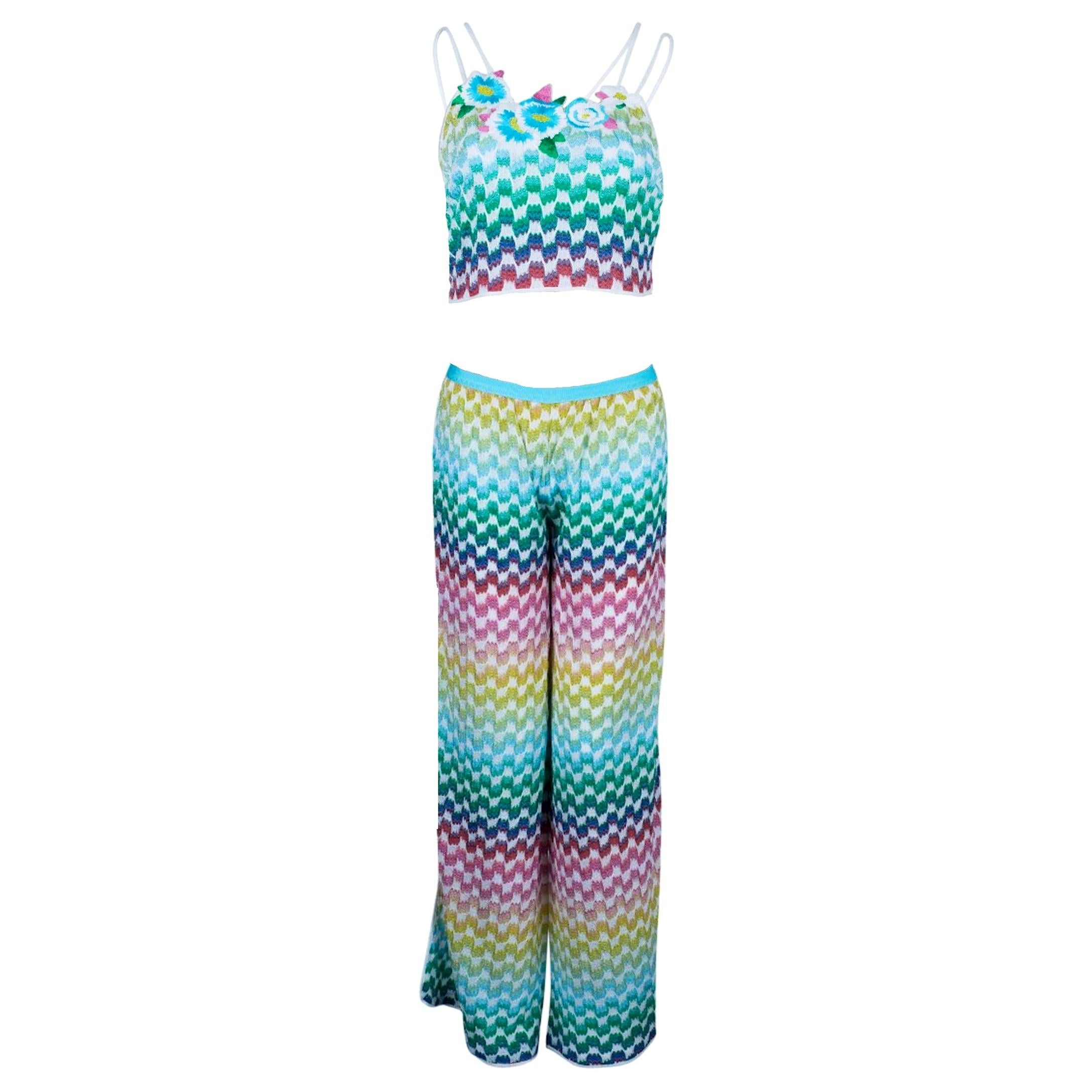 UNWORN Missoni Rainbow Metallic Crochet Knit Pants Crop Top Ensemble Set For Sale