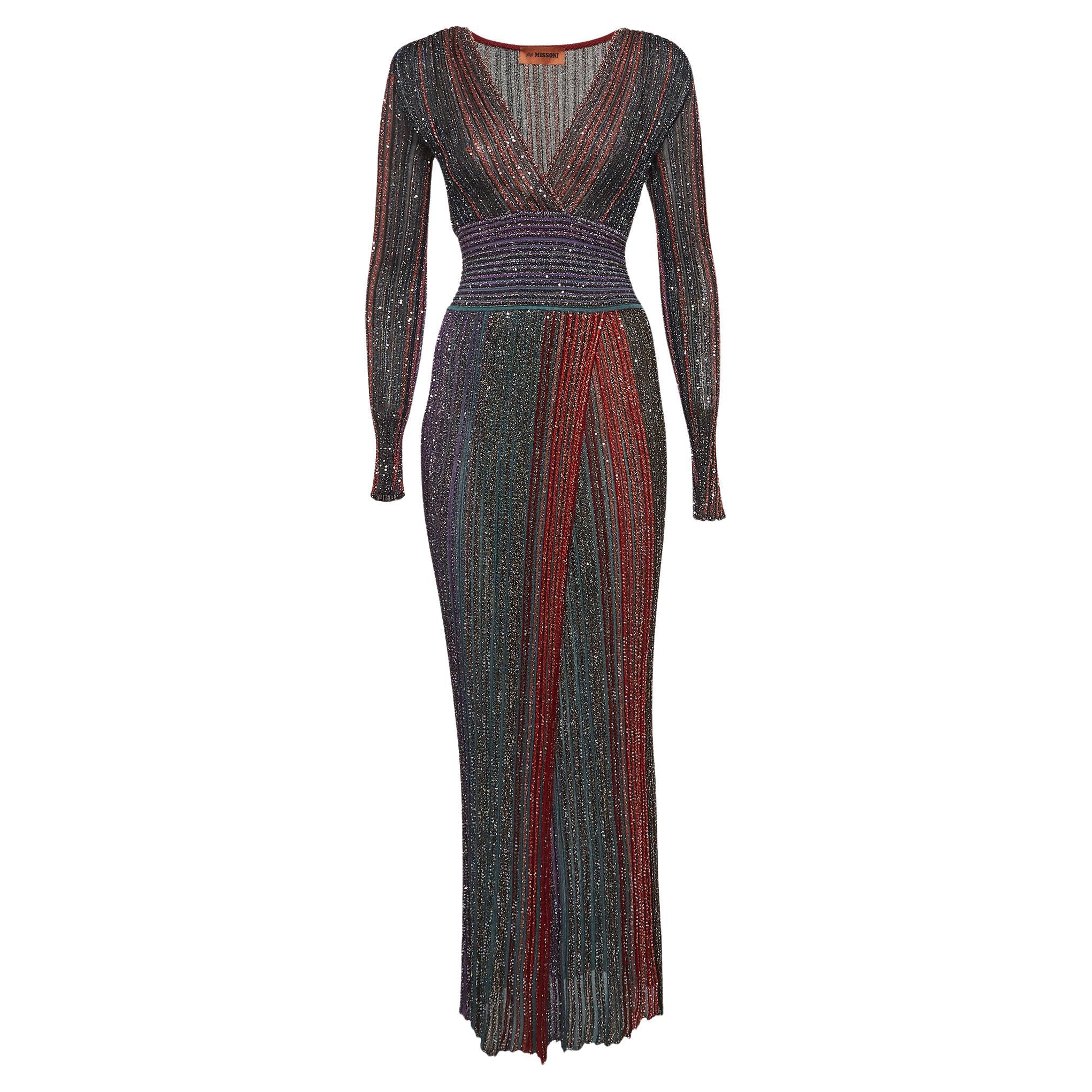 Missoni - Robe longue en maille de lurex ornée de rayures multicolores S en vente