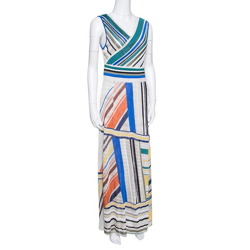 Gray Missoni Multicolor Striped Knit Sleeveless Maxi Dress L