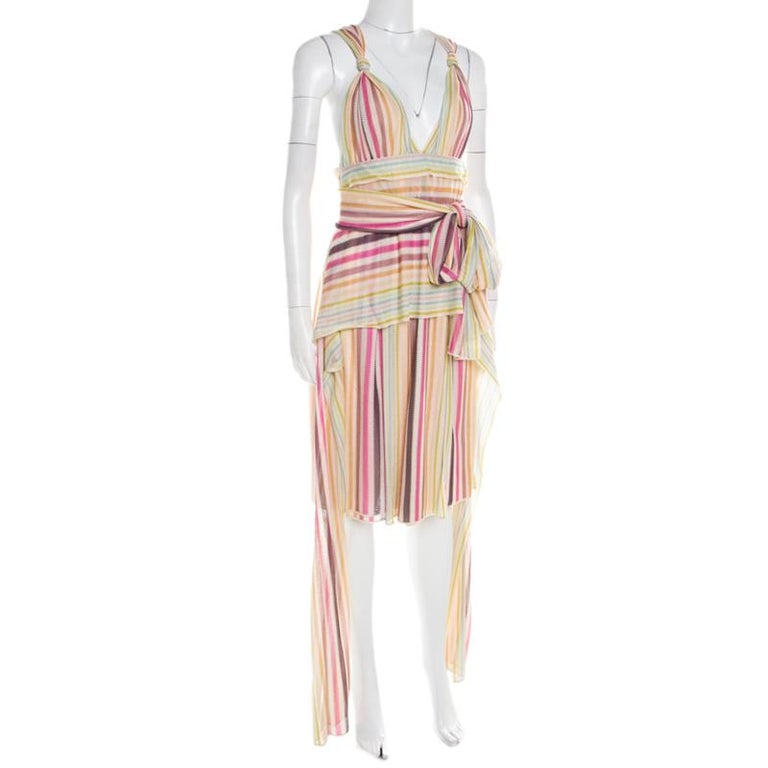 Missoni Multicolor Striped Knit Waist Tie Detail Dress and Scarf Set M