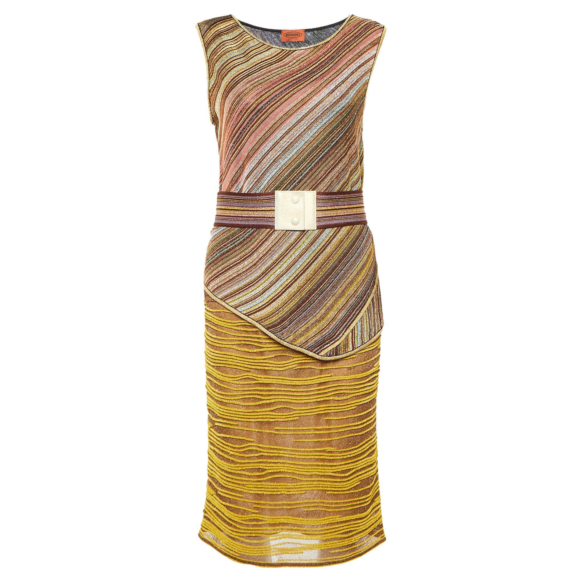 Missoni Multicolor Striped Lurex Knit Belted Top & Skirt Set M For Sale