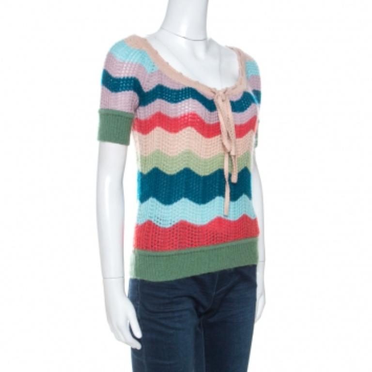 Missoni - Top à manches courtes en laine rayée multicolore S Pour femmes en vente
