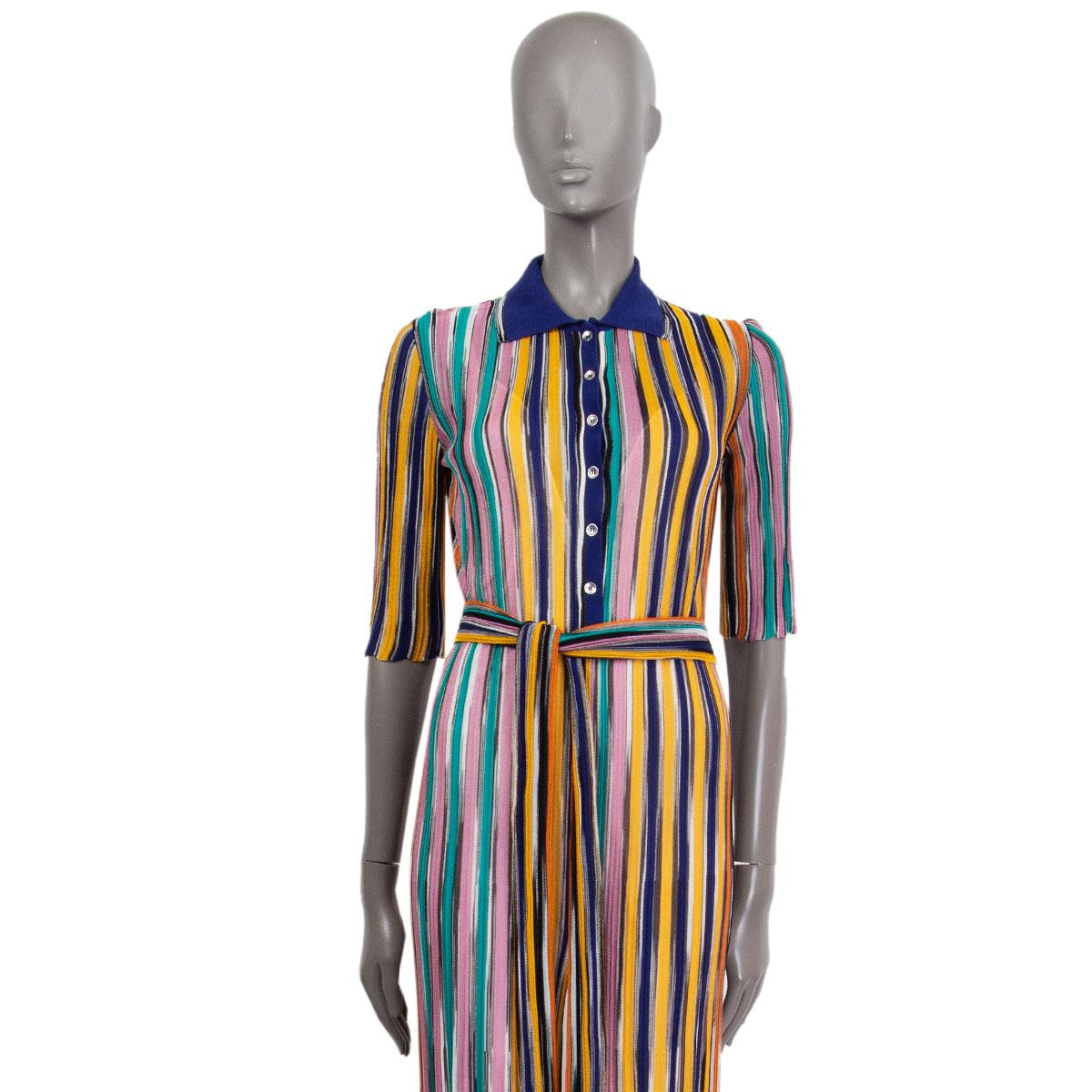 100% authentic Missoni striped belted knit jumpsuit in multi-color viscose (70%) and cotton (30%) with 3/4 sleeves. Closes with six buttons on the front and with a belt at the waistline. Lined in rosa silk (100%). Has been worn and is in excellent