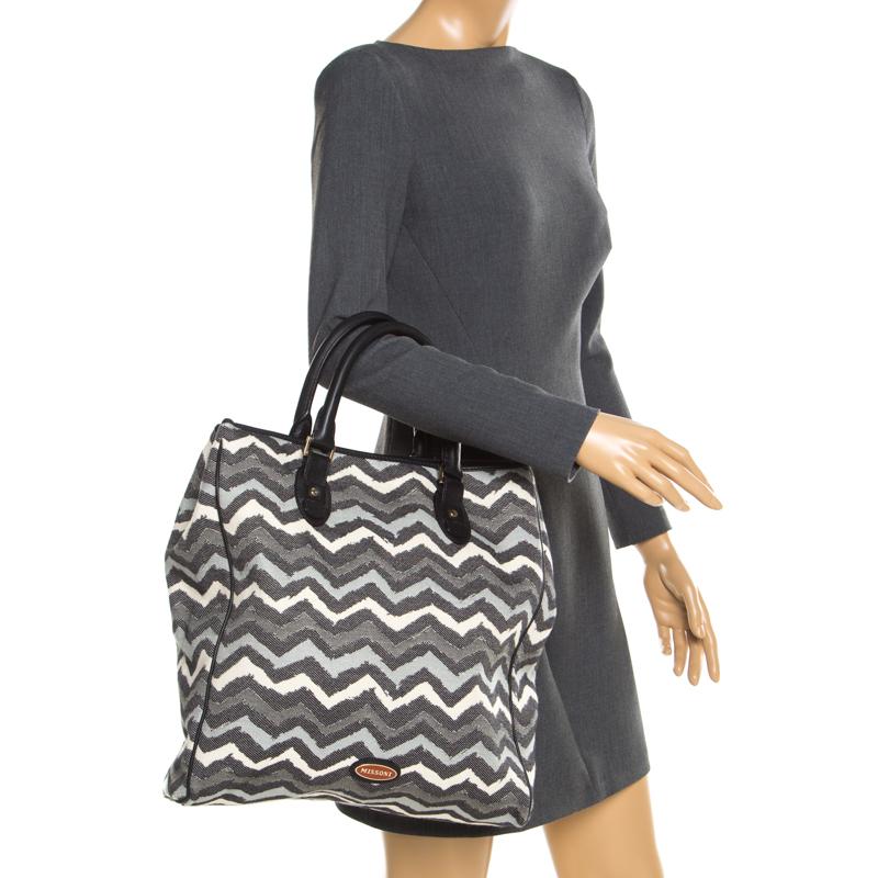Black Missoni Multicolor Wave Printed Canvas and Leather Tote