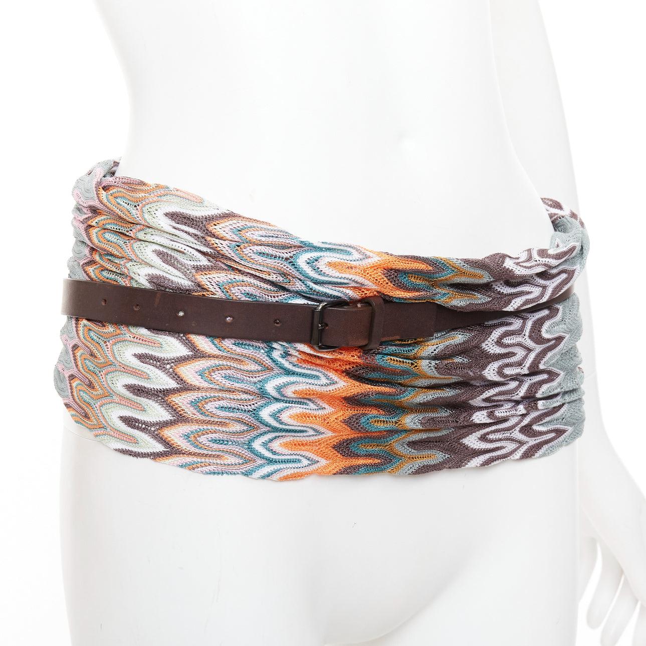 Grigio MISSONI multicolor wavey pattern fabric knitted brown leather wrap belt IT40 S in vendita