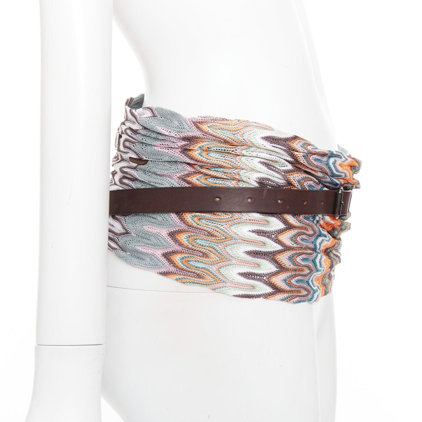 MISSONI multicolor wavey pattern fabric knitted brown leather wrap belt IT40 S In condizioni buone in vendita a Hong Kong, NT