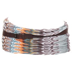 MISSONI multicolor wavey pattern fabric knitted brown leather wrap belt IT40 S