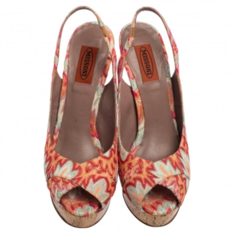 Brown Missoni Multicolor Weave Fabric Peep-Toe Platform Slingback Sandals Size 39 For Sale