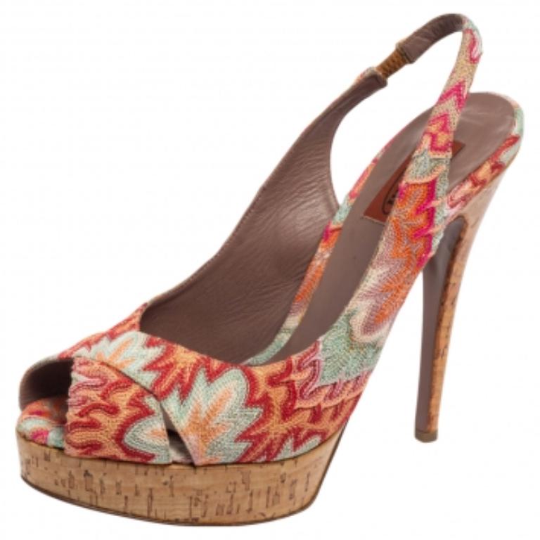 Missoni Multicolor Weave Fabric Peep-Toe Platform Slingback Sandals Size 39 For Sale 1