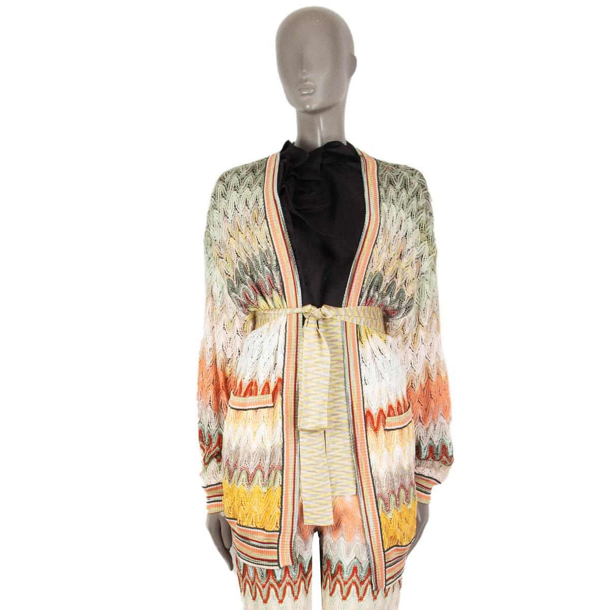 100% authentic Missoni zigzag collarless knit wrap cardigan in multicolour viscose (100% - please not the content tag is missing). Features patch pockets, at front, self-tie belt at waist, scallop fine knit and ribbed trims. Has been worn and is in