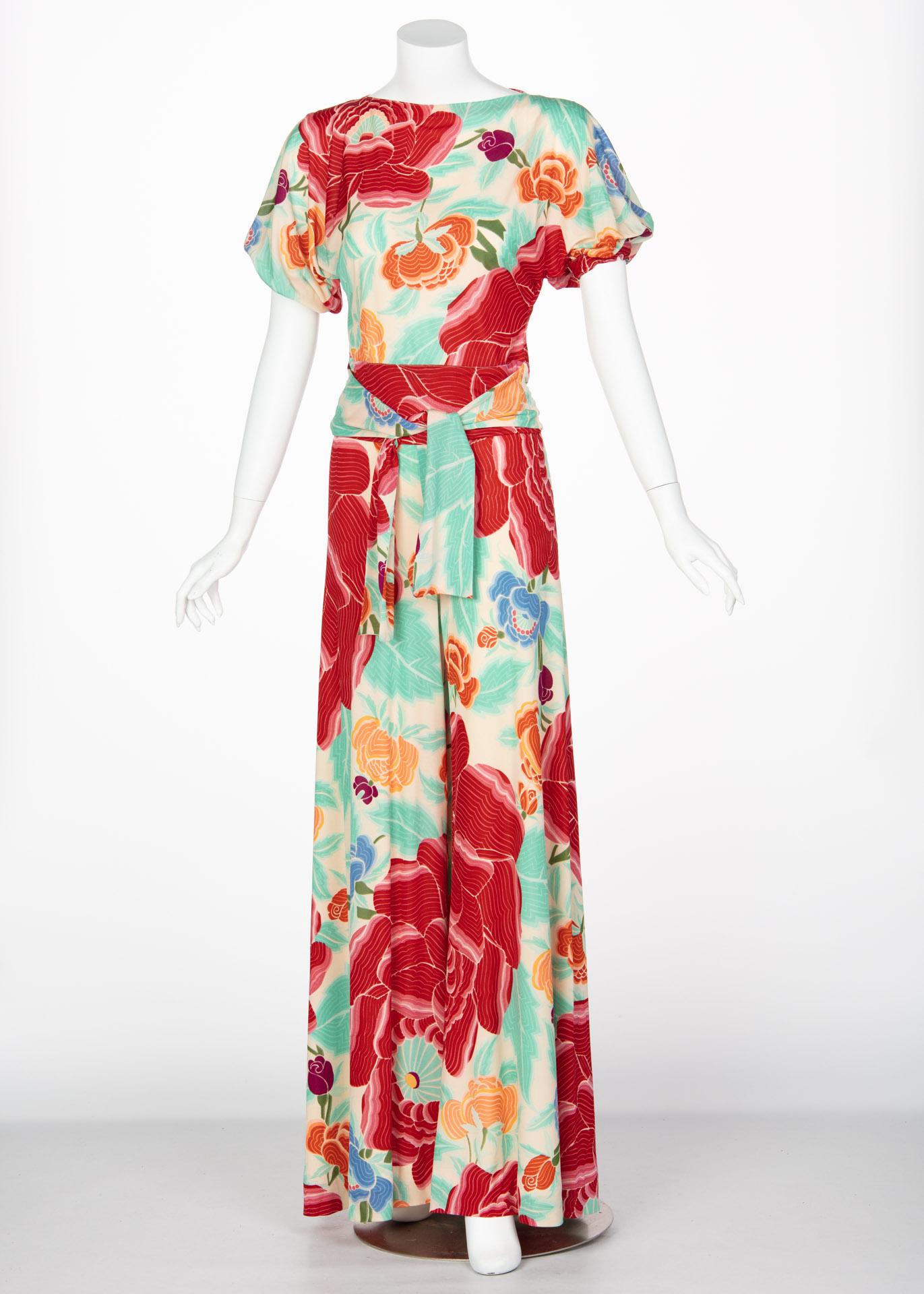Missoni Multicolored Floral Print Top Palazzo Pant Set, 1970s  In Excellent Condition For Sale In Boca Raton, FL