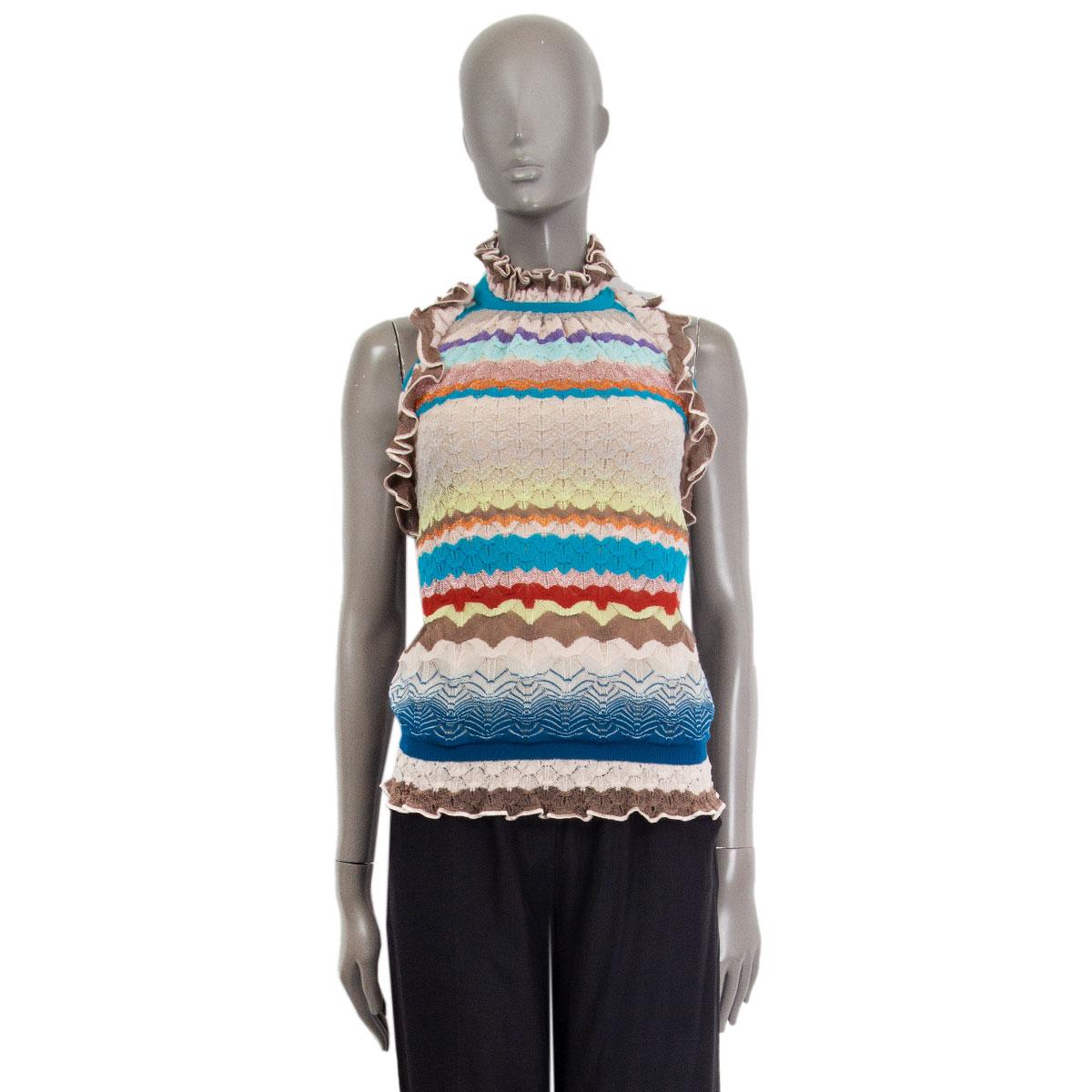 100% authentic Missoni ruched halter-neck top in nude, brown, burgundy, rose lurex, turquoise, lime and navy knitted signature Missoni chevron fabric (missing content tag). Lind at the front side in nude silk (100%). Closes with four buttons on the