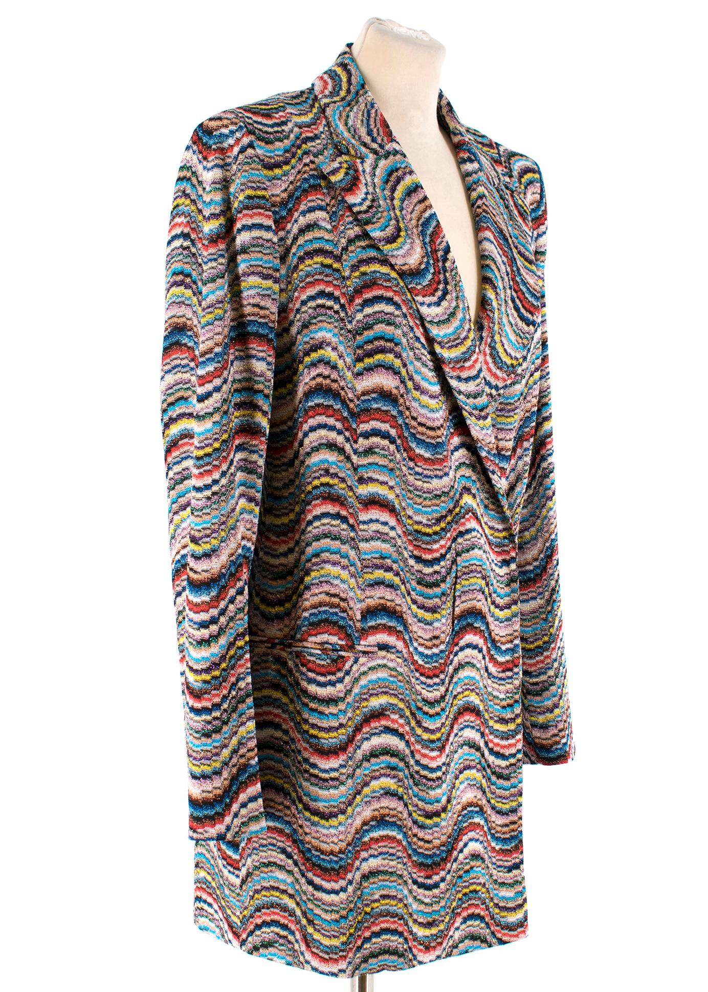  Missoni Multicoloured Jacket

-Multicoloured blazer
-Shoulder pads
-Popper and button closure
-Two front pockets
-Blazer can be worn as a tuxedo dress

Please note, these items are pre-owned and may show signs of being stored even when unworn and