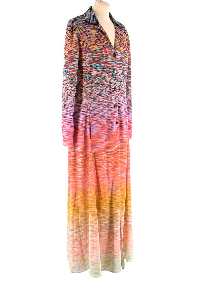 Missoni Colorful Pattern Long Cardigan

- Multi-colored stripes
- Button up dress
- Pleated front panels
- Notched collar
- Two pockets
- Front opening 
- Flared bottom
- Scalloped sleeve openings 

Made in Italy

Materials:
- 100% Viscose lining
-