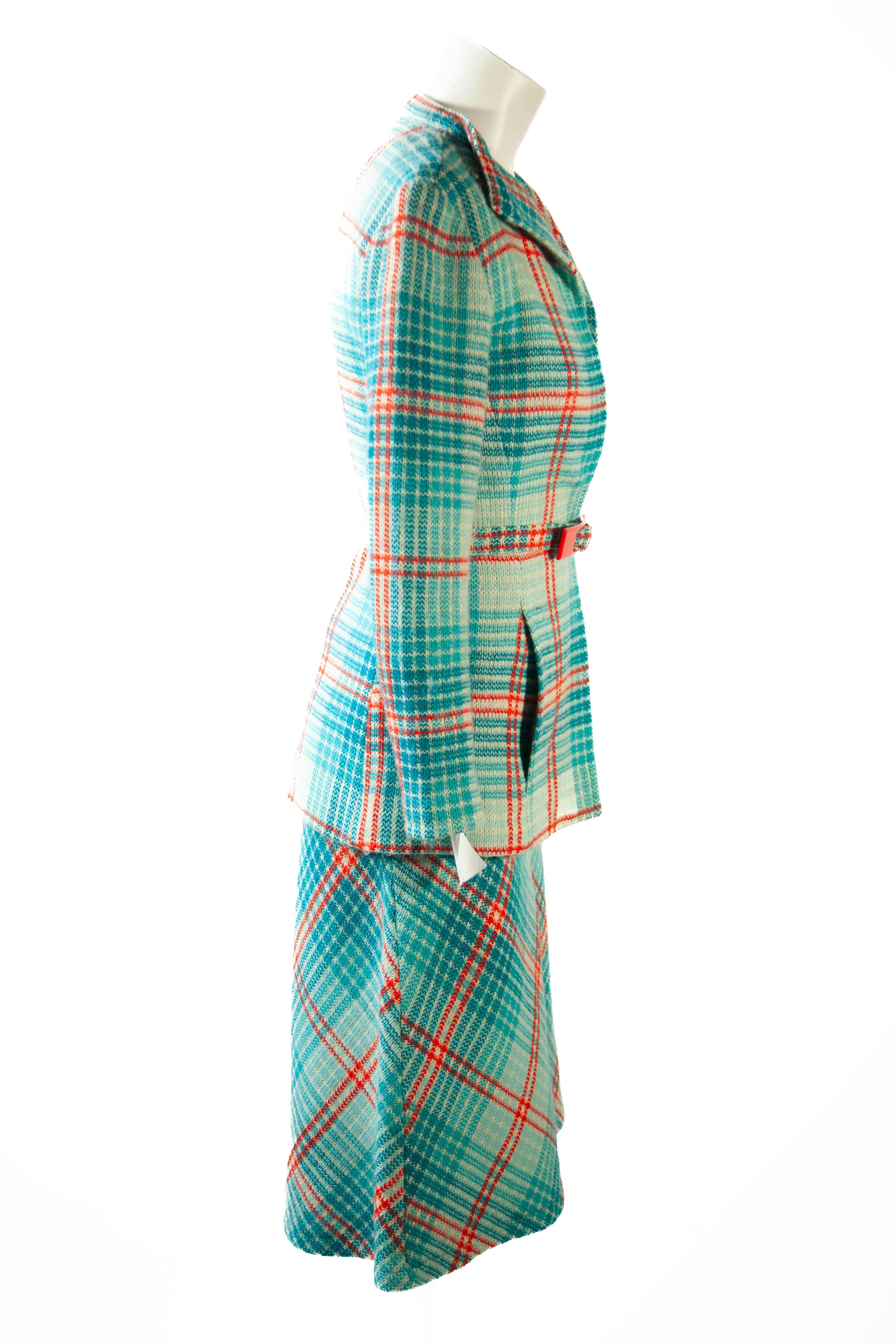 MISSONI, Museum three (3) piece ensemble, 1957 with Museum tags

Plaid blue and red, knit skirt, vest and matching jacket with coordinating belt red buckle belt with Museum tags on individual pieces.

This ensemble was Inspired by Ballerina,