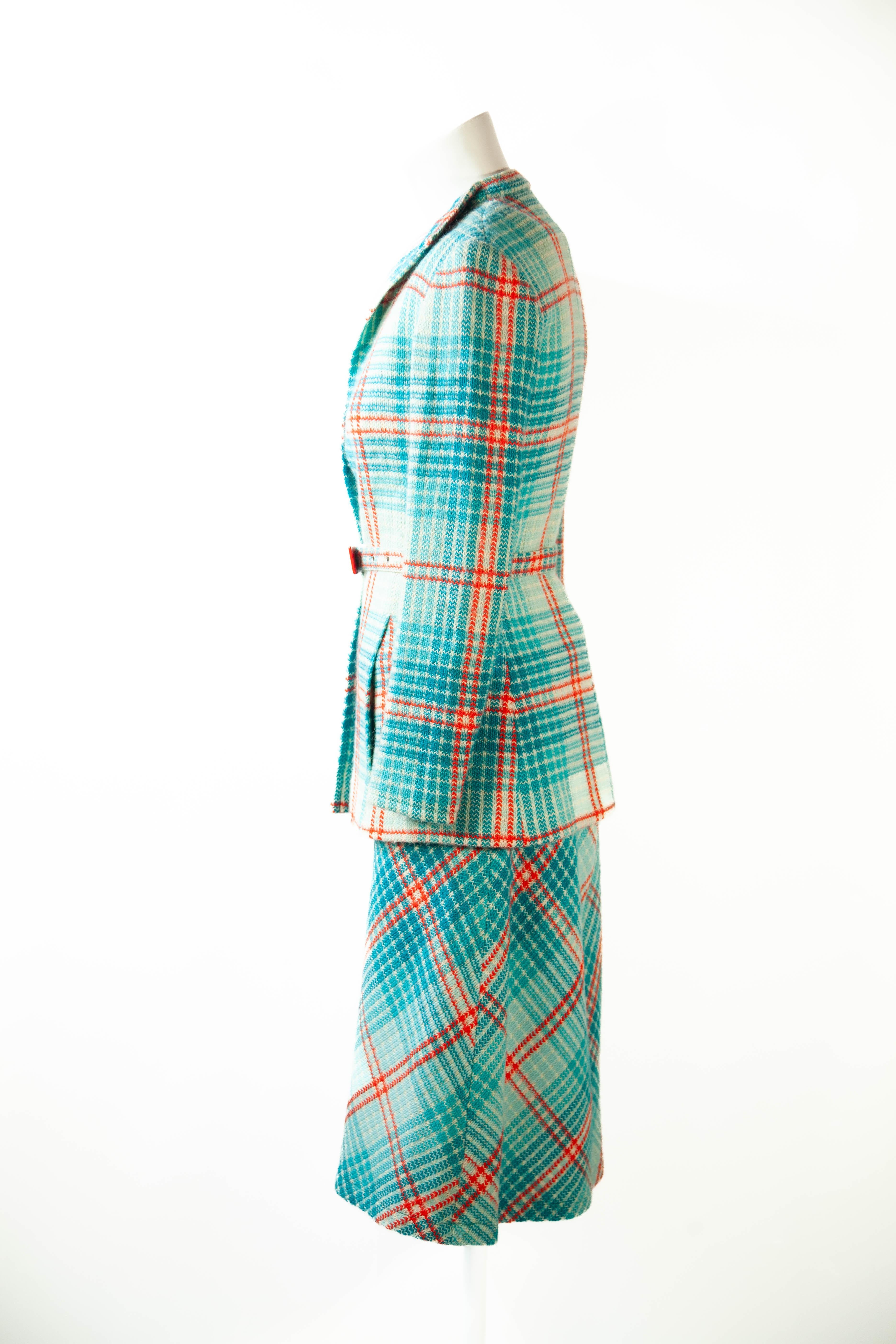 Missoni, Museum Documented, Wool, Aqua Blue Plaid, Ensemble, 1972 In Excellent Condition For Sale In Kingston, NY