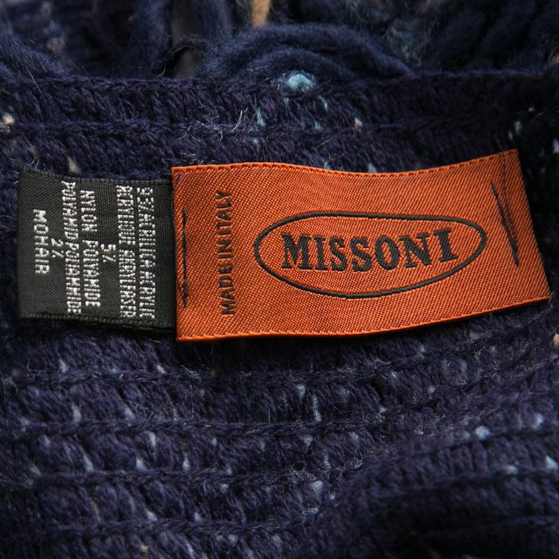 Missoni Navy Blue Chevron Pattern Chunky Knit Fringed Edge Poncho M 1