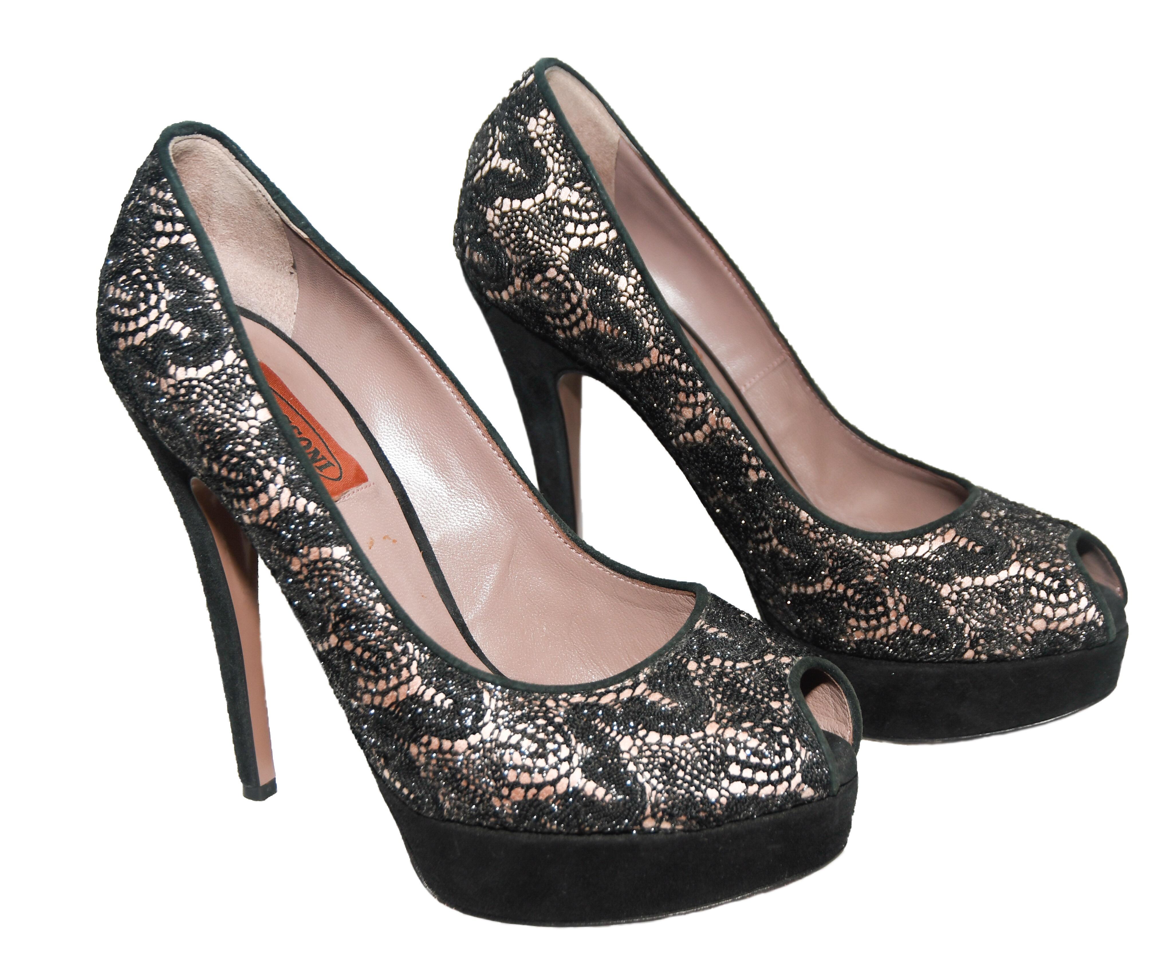 Missoni nude satin with black metallic lace overlay has a peep toe opening at front.  The insoles are lined in taupe leather, well as, the soles.   Heels measure: 5.25